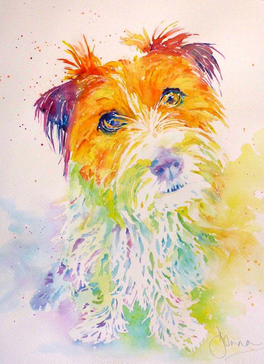 Colourful watercolour dog portrait.