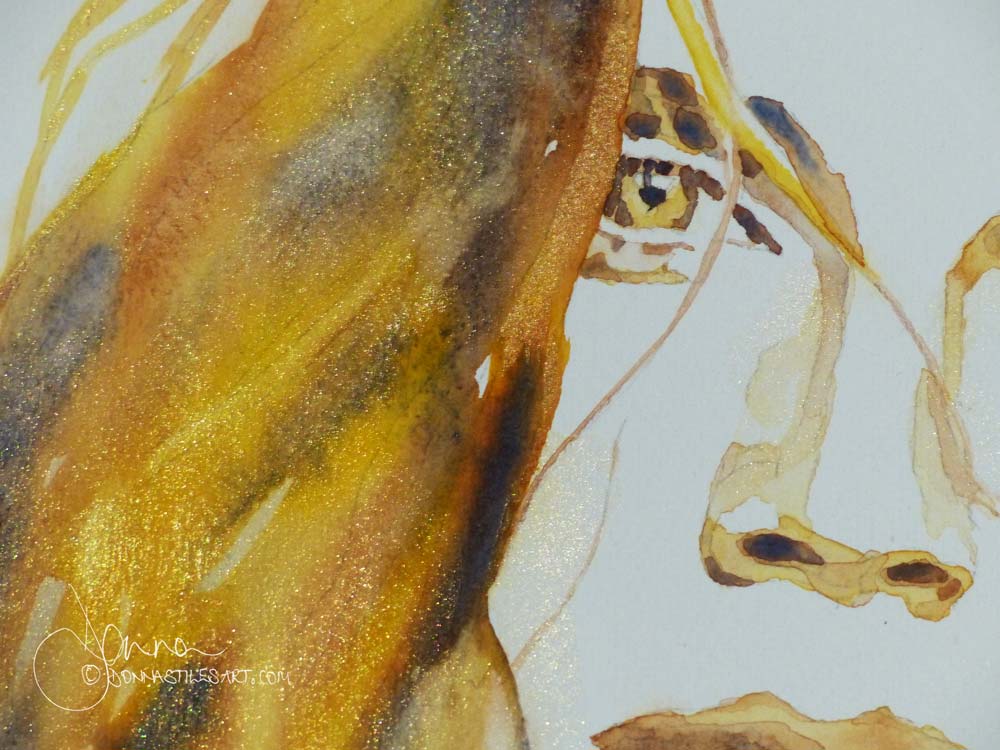 Metallic gold watercolour paint as a glaze on a portrait