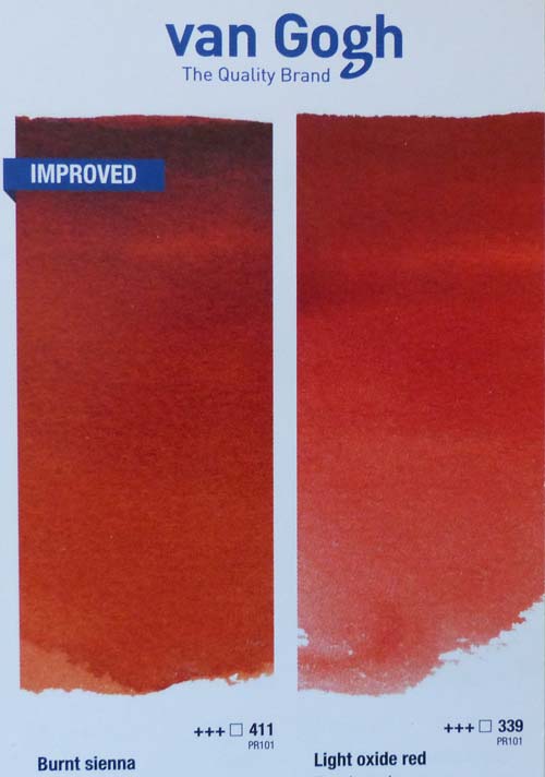 Burnt Sienna andd Light Oxide Red side by side in the Van Gogh watercolour brochure.