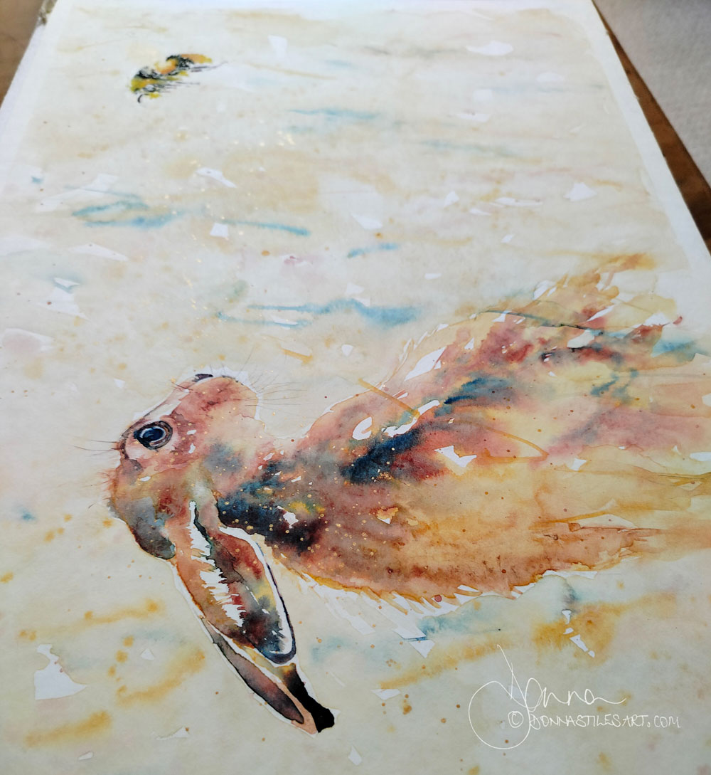 Watercolour hare and bee painting