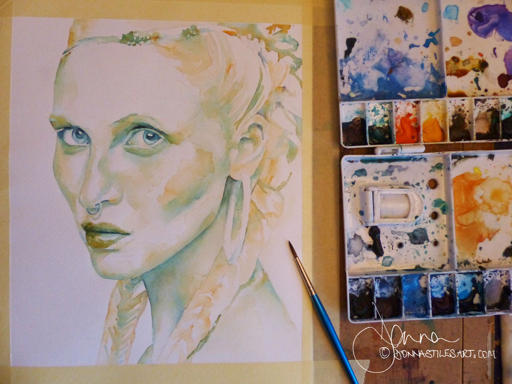 Limited palette watercolor portrait in progress.