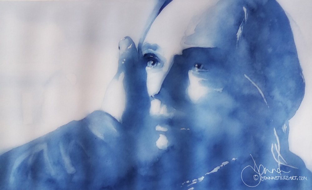 One colour watercolour portrait