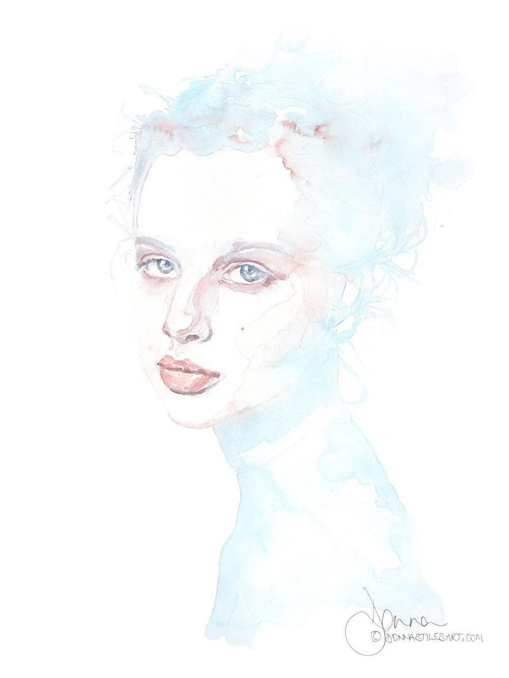 A soft and delicate portrait painting in watercolour of a young woman.
