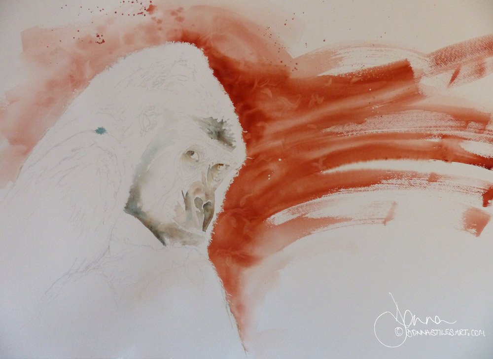 Starting to paint his head in Burnt Umber and Prussian Blue.